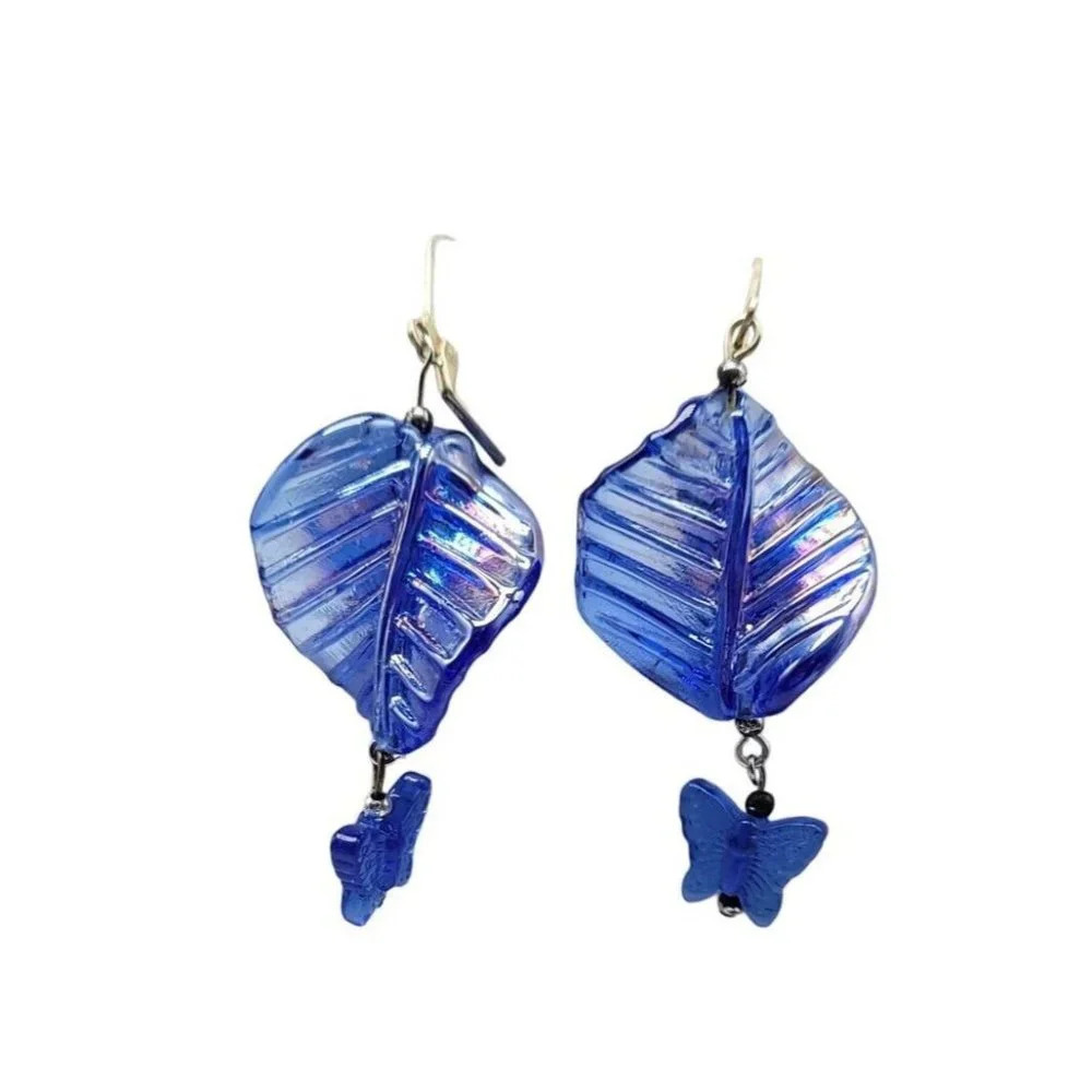 Blue Iridescent Art Glass Leaf Large Artisan Dangle Vintage Earrings